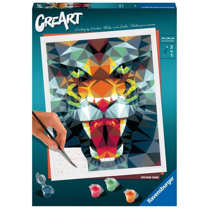 CreArt Tigre polygonal 24x30 cm - Peinture par numéros Des 12 ans Ravensburger - 23514