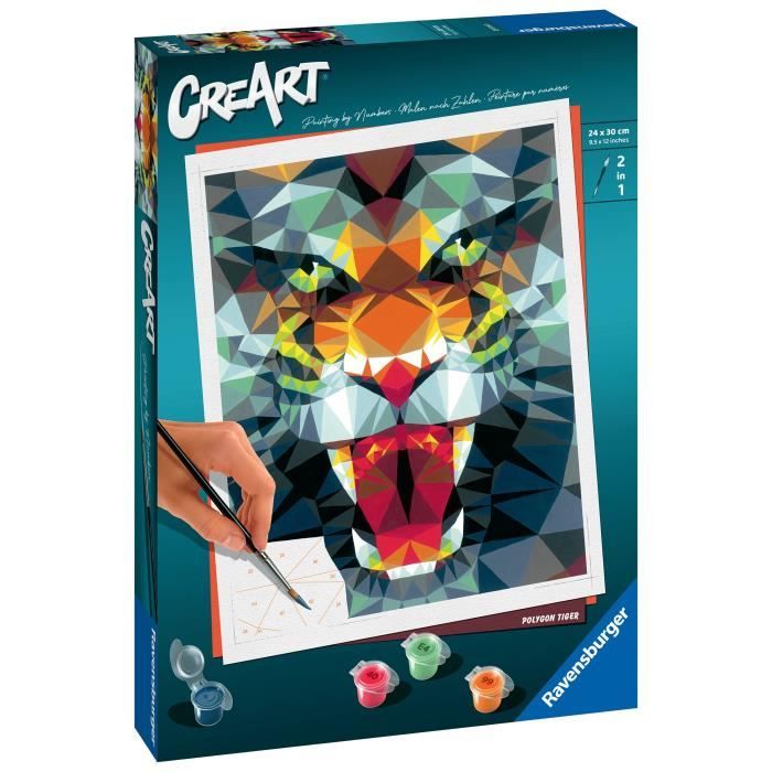 CreArt Tigre polygonal 24x30 cm - Peinture par numéros Des 12 ans Ravensburger - 23514