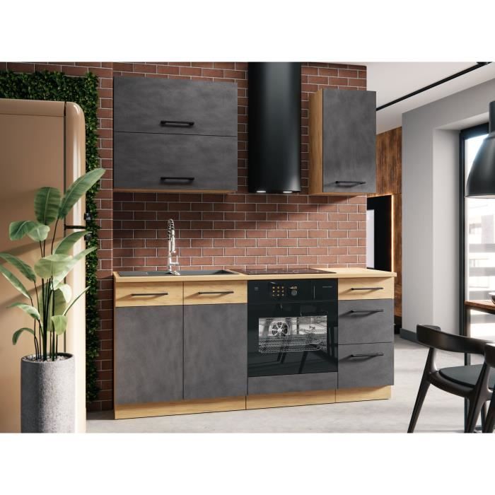 Cuisine complete ROCK L180 cm - 5 éléments + meuble four - Mélaminé décor chene lancelot et gris matera - Plan