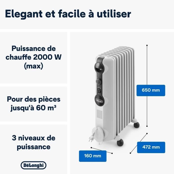 DELONGHI TRRS0920 2000 watts Radiateur bain d’huile - 3 niveaux de puissance - Comfortemp - Real Energy ( + 35 %