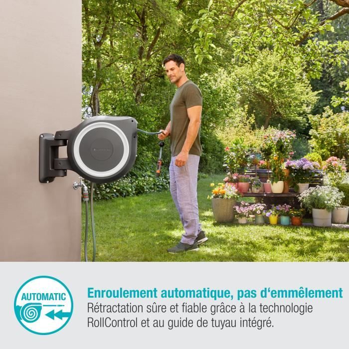 Dévidoir automatique mural GARDENA RollUp L - Longueur 30m - Ø13mm - Kit complet - Garantie 5 ans - Paloma Tech