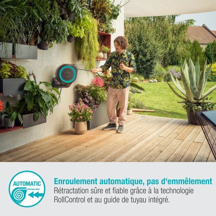 Dévidoir automatique mural RollUp M 20 m - GARDENA - Liseret bleu - Enroulement automatique du tuyau - Paloma Tech