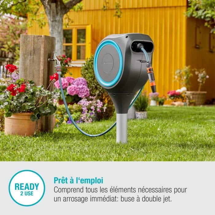 Dévidoir automatique sur pic GARDENA RollUp M liseret bleu - Longueur 20m - Ø11mm - Kit complet - Paloma Tech