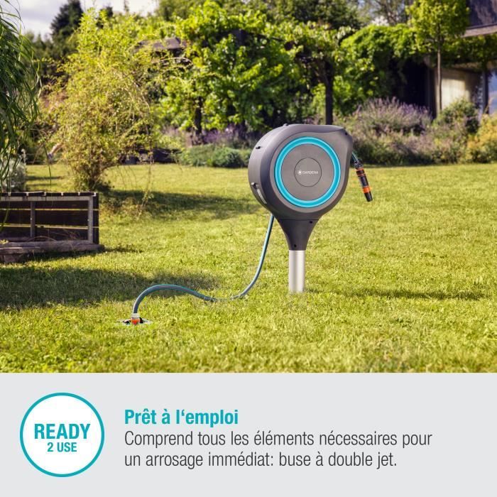 Dévidoir automatique sur pic RollUp S 15 m - GARDENA - Liseret bleu - Enroulement automatique du tuyau - Paloma Tech