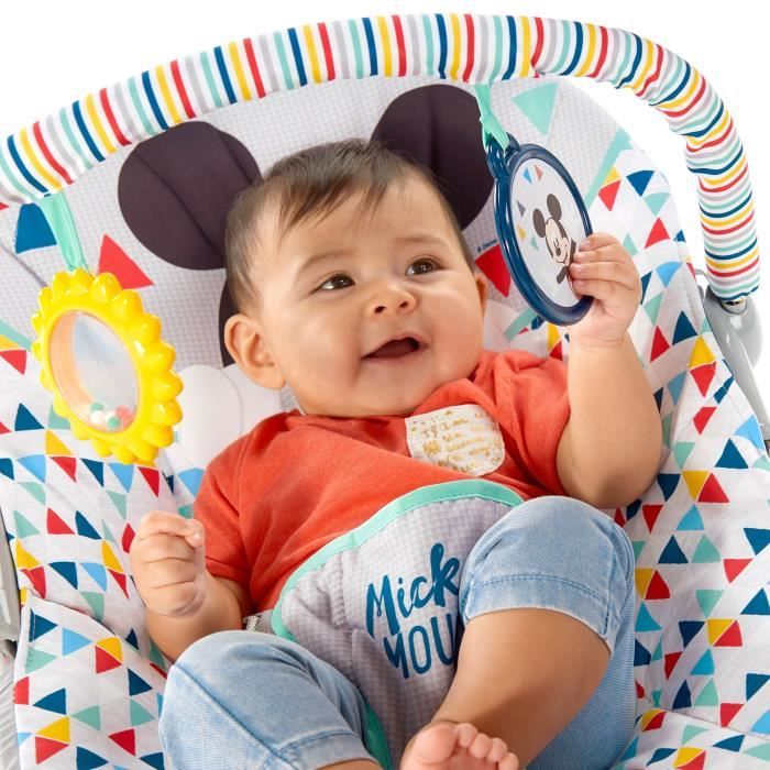 DISNEY BABY Transat Mickey Triangles Multicolores Vibrations 2 Jouets Harnais 3 point d’attache Lavable en machine