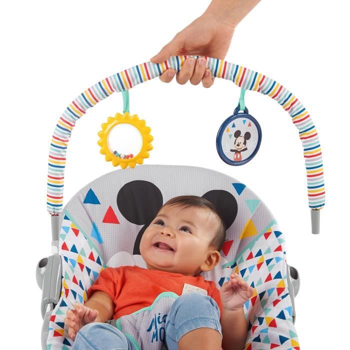 DISNEY BABY Transat Mickey Triangles Multicolores Vibrations 2 Jouets Harnais 3 point d’attache Lavable en machine