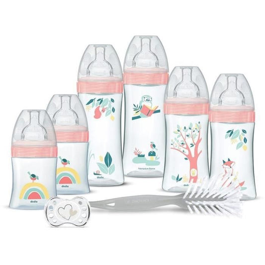 Dodie Kit Naissance - 6 Biberons Anti-Colique Tétines Plates 1 Sucette Anatomique 0-2 Mois 1 Goupillon - Sans BPA - Rose