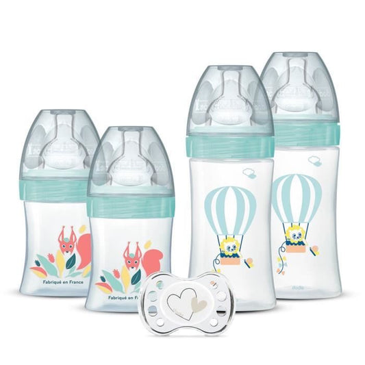 DODIE Lot de 4 biberons naissance Tétine Plate Anti-Colique (2x150mL et 2x270mL) + une sucette naissance