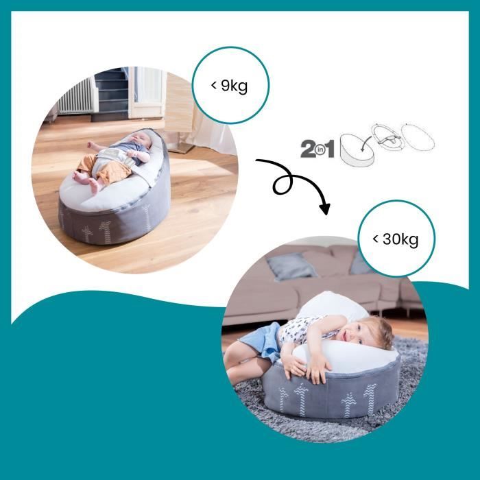 doomoo Nid Transat bébé - Pouf Evolutif & Multifonctions des la Naissance Giraf Grey