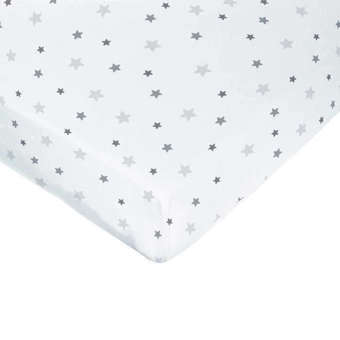 Drap housse imprimé étoiles - DOMIVA - 60 x 120 cm - Jersey - oeko-Tex - Blanc