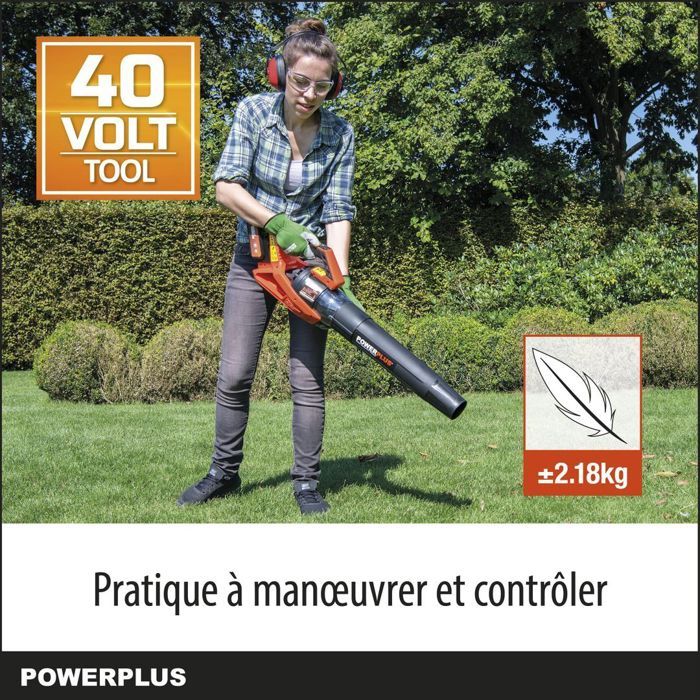 Dual Power Souffleur de Feuilles a Batterie POWDPG7526 - 40 V Ramasseur de Feuilles 200 km/h sans Batterie ni Chargeur