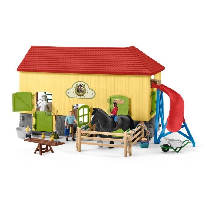 Écurie avec boxes et animaux coffret de 82 pieces avec chevaux petits animaux de la ferme outils et figurines