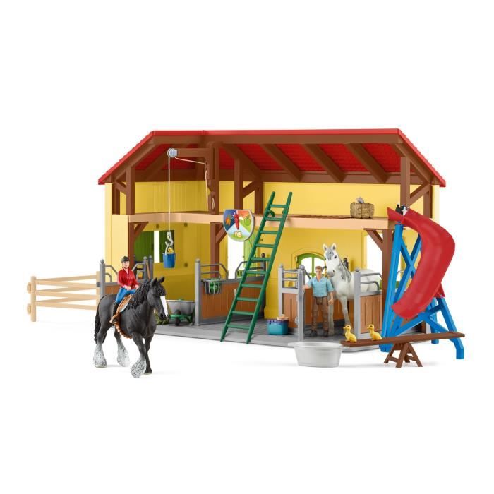 Écurie avec boxes et animaux coffret de 82 pieces avec chevaux petits animaux de la ferme outils et figurines