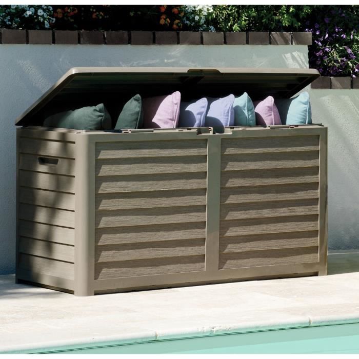 EDA Coffre de jardin BAYA en Plastique 420 litres - Décor imitation bois - Taupe - Fabriqué en France - Paloma Tech