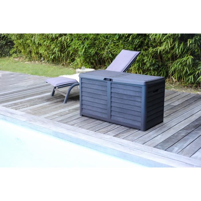 EDA Coffre de jardin BAYA en Plastique 420 litres - Décor imitation bois - Gris anthracite - Fabriqué en France - Paloma Tech