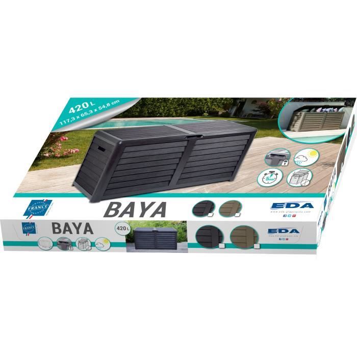 EDA Coffre de jardin BAYA en Plastique 420 litres - Décor imitation bois - Gris anthracite - Fabriqué en France - Paloma Tech