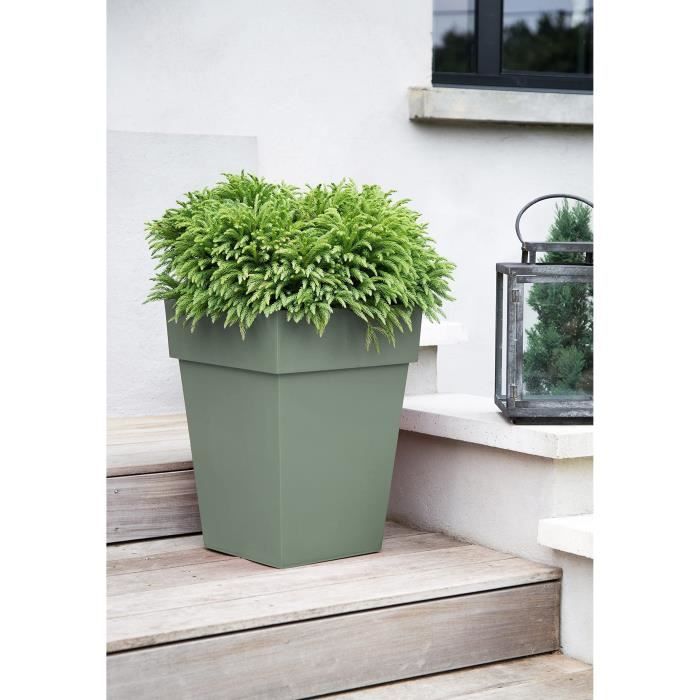 EDA PLASTIQUE - Pot de fleur mi-haut carré Toscane - 39 x 39 x H 53 cm - 51 L - Vert laurier - Paloma Tech