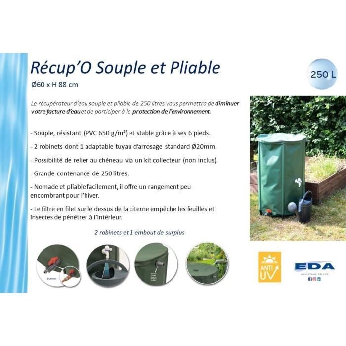 EDA - Récupérateur d'eau Souple et Pliable 250 L - avec Filtre en Filet + 2 Robinets - Résistant aux Intempéries - Ø 60 x H.88 cm - Paloma Tech