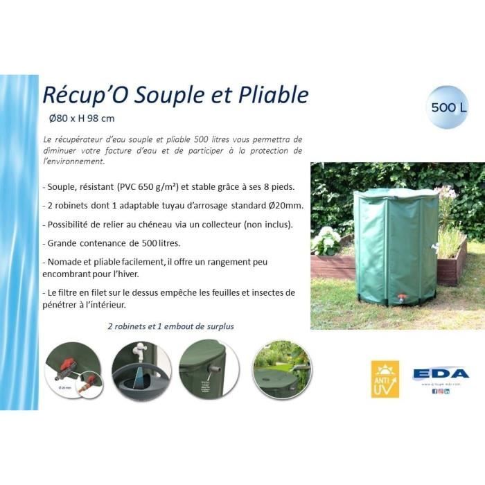 EDA - Récupérateur d'eau Souple et Pliable 500 L - avec Filtre en Filet + 2 Robinets - Résistant aux Intempéries - Ø 80 x H.98 cm - Paloma Tech