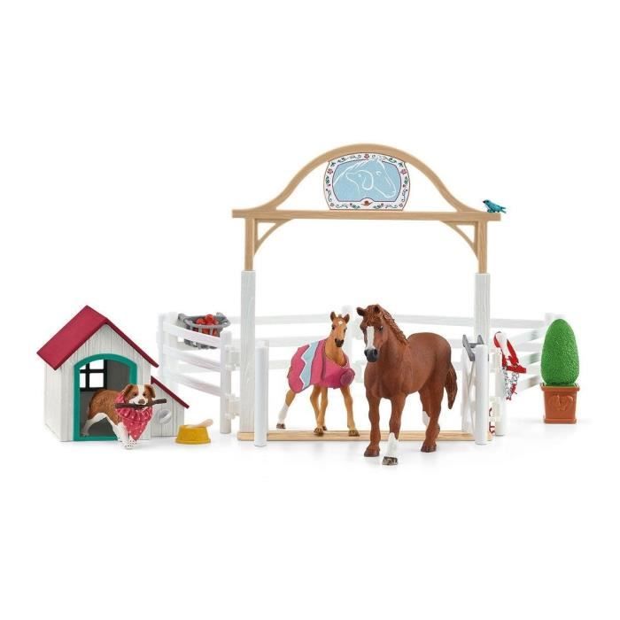 Enclos pour chevaux d’Hannah avec chienne Ruby coffret schleich avec 20 éléments inclus dont 2 chevaux schleich