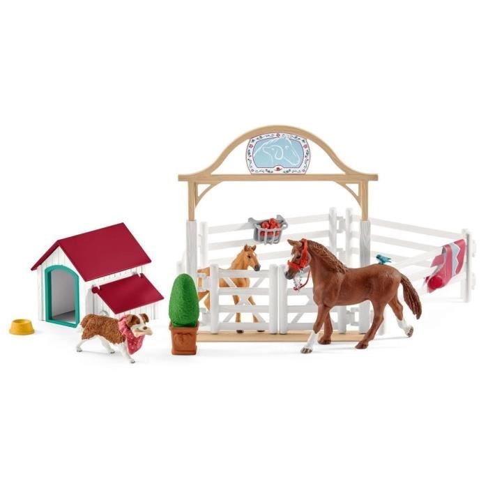 Enclos pour chevaux d’Hannah avec chienne Ruby coffret schleich avec 20 éléments inclus dont 2 chevaux schleich