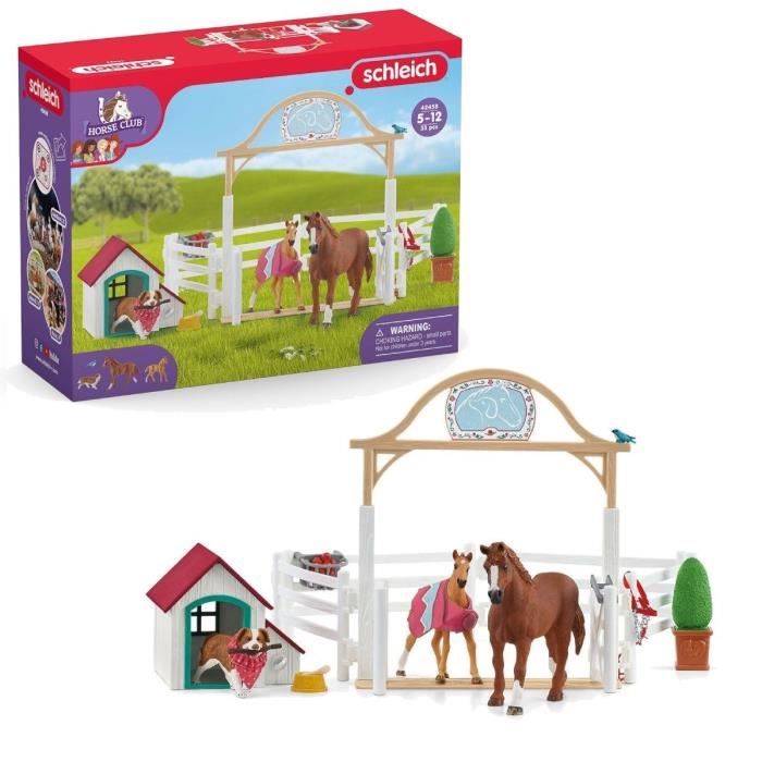 Enclos pour chevaux d’Hannah avec chienne Ruby coffret schleich avec 20 éléments inclus dont 2 chevaux schleich