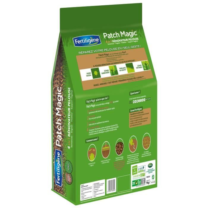 Engrais gazon - FERTILIGENE - Patch Magic - Formule 4 en 1 - Mix de 3 semences - Levée rapide - Paloma Tech