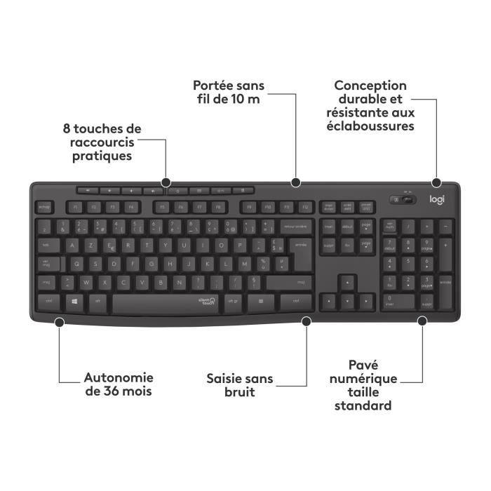 Ensemble clavier et souris Logitech Logitech MK295 ensemble souris clavier sans fil silence - Paloma Tech