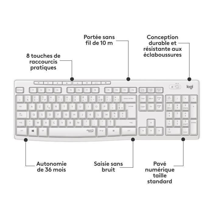 Ensemble clavier souris - Sans fil - Logitech - MK295 - Silencieux - AZERTY - Blanc - Paloma Tech