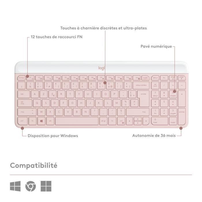 Ensemble Clavier Souris - Sans fil - Logitech - MK470 Slim - Silencieux - AZERTY - Rose - Paloma Tech