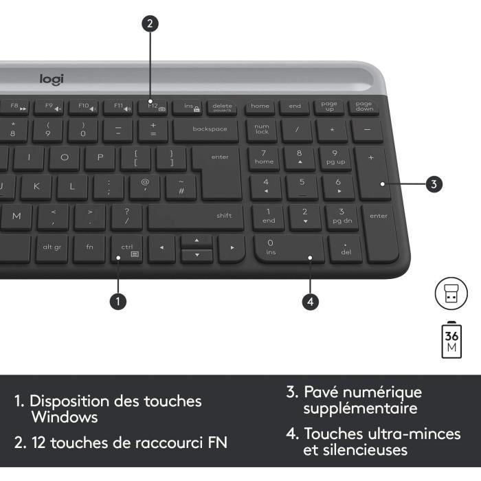 Ensemble Clavier Souris - Sans fil - Logitech - MK470 Slim - Silencieux - AZERTY - Noir - Paloma Tech