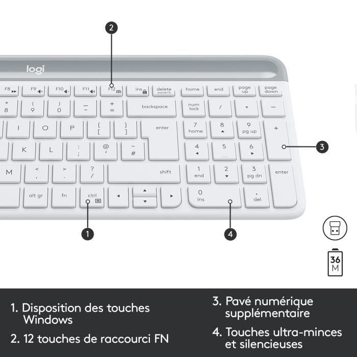 Ensemble Clavier Souris - Sans fil - Logitech - MK470 Slim - Silencieux - AZERTY - Blanc - Paloma Tech