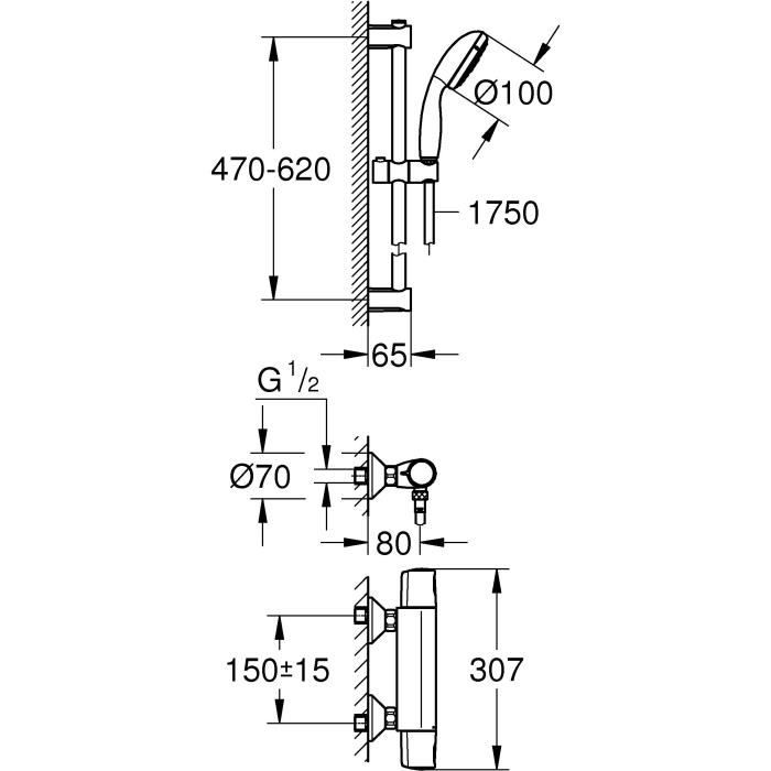 Ensemble de douche thermostatique mural GROHE - Precision Trend THM - Chromé