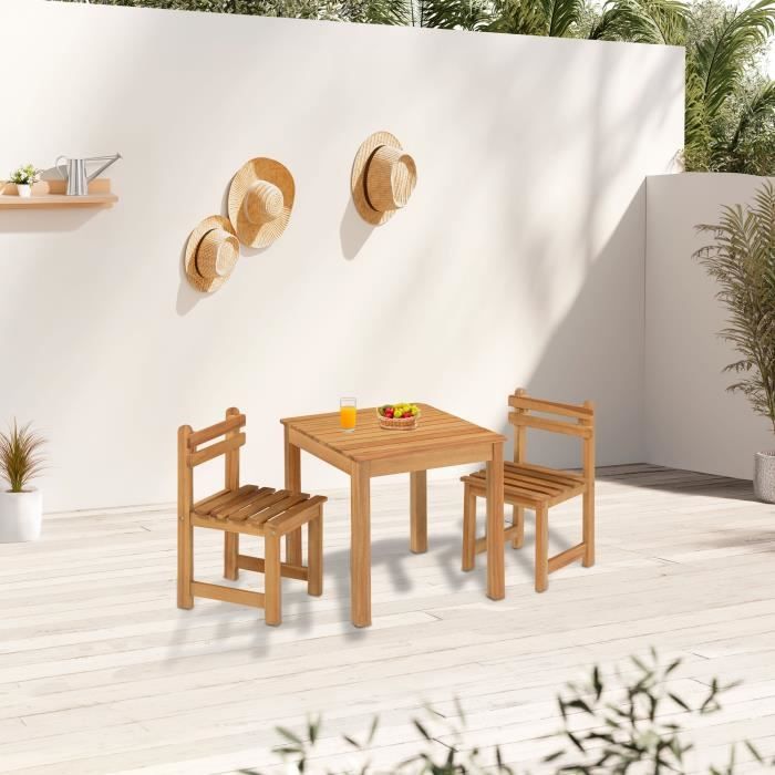 Ensemble repas de jardin pour enfant - 2 personnes - Table carrée 50 x 50 x 50 cm et 2 chaises - Bois Acacia FSC - Paloma Tech