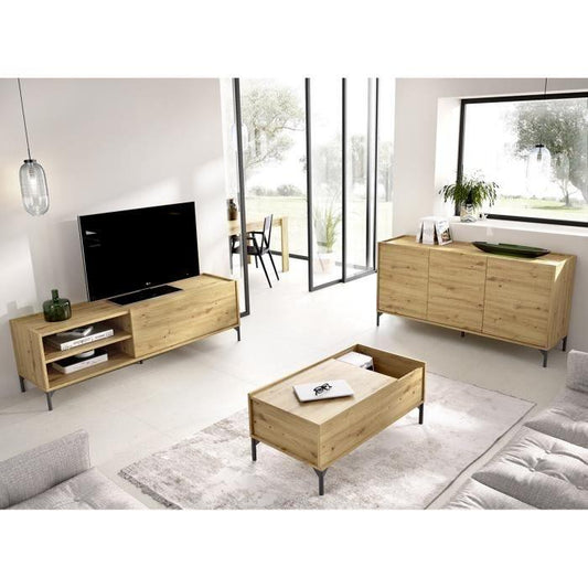 Ensemble salon Meuble TV 155cm + Buffet 3 portes 155 cm + Table basse relevable - Mélamine -Chene Artisan - Ness - Paloma Tech