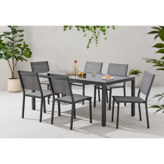 Ensemble table de jardin 6 personnes : Table + 6 chaises - Structure en aluminium - L180 x P 90 x H 72 cm - Gris anthracite - Paloma Tech