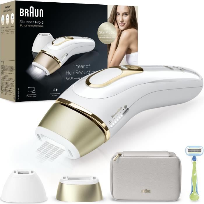 Épilateur a Lumiere Pulsée - BRAUN - Silk·expert Pro 5 - Épilation a la maison - Pochette - Rasoir Venus - 2 Tetes