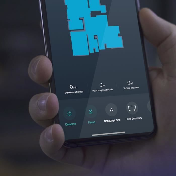 Smartphone affichant une forme géométrique bleue et options pour Robot Aspirateur Lavage Aqua Xpert Animal
