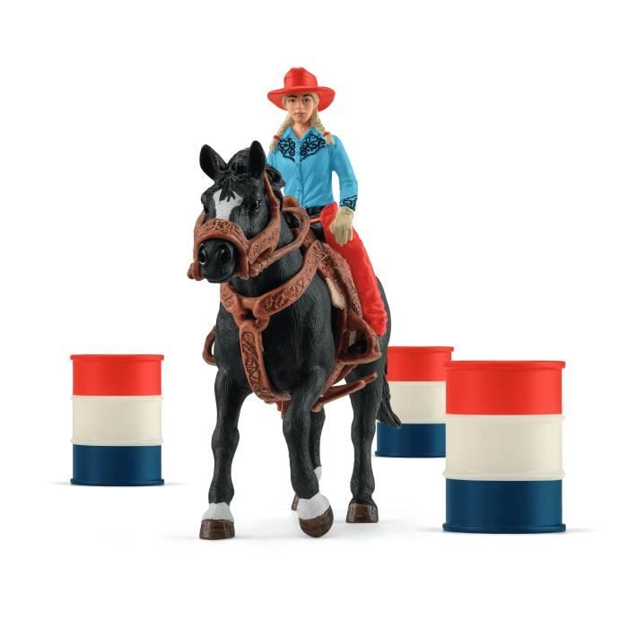 Figurine Cowgirl et Tonneaux de Racing et Cheval Schleich - Animaux de la Ferme et Accessoires Western Réalistes