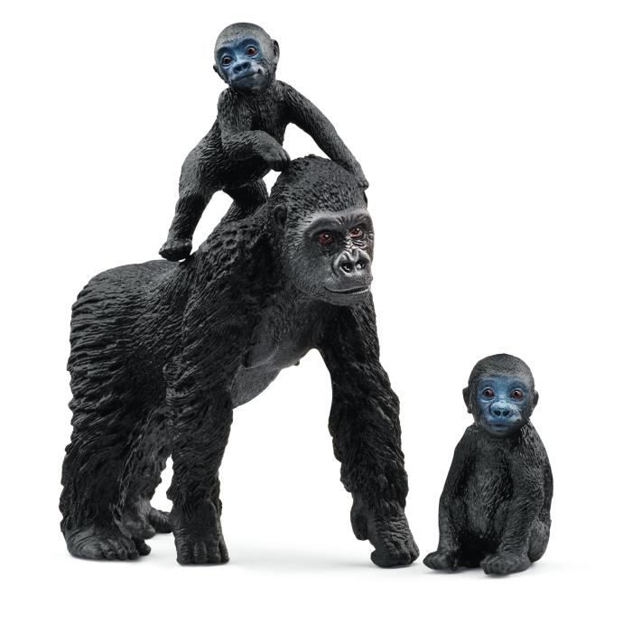 Figurine famille de Gorilles des Plaines avec 1 maman gorille et ses 2 bébés pour enfants des 3 ans - Schleich 42601