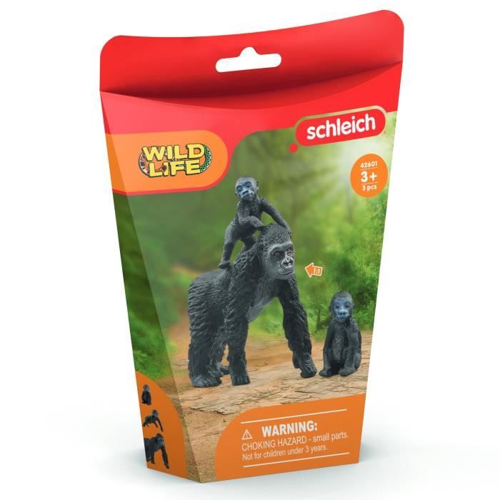 Figurine famille de Gorilles des Plaines avec 1 maman gorille et ses 2 bébés pour enfants des 3 ans - Schleich 42601