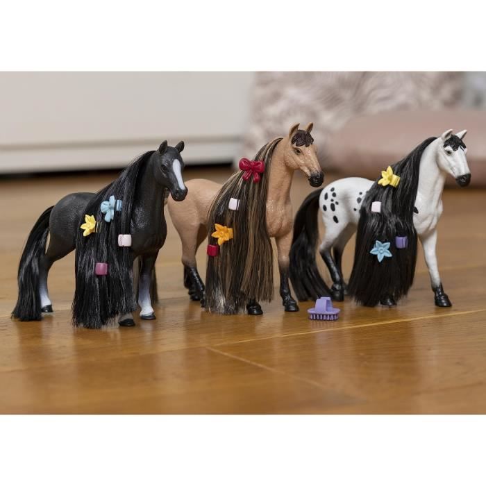 Figurine Jument Quarter Horse a coiffer 8 Pieces - Figurine Cheval a La Criniere Brossable avec Accessoires - Cadeau