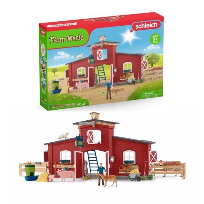 Figurines Animaux de la Ferme avec Accessoires - Coffret Ranch Américain Schleich de 92 Pieces avec Vache Cheval