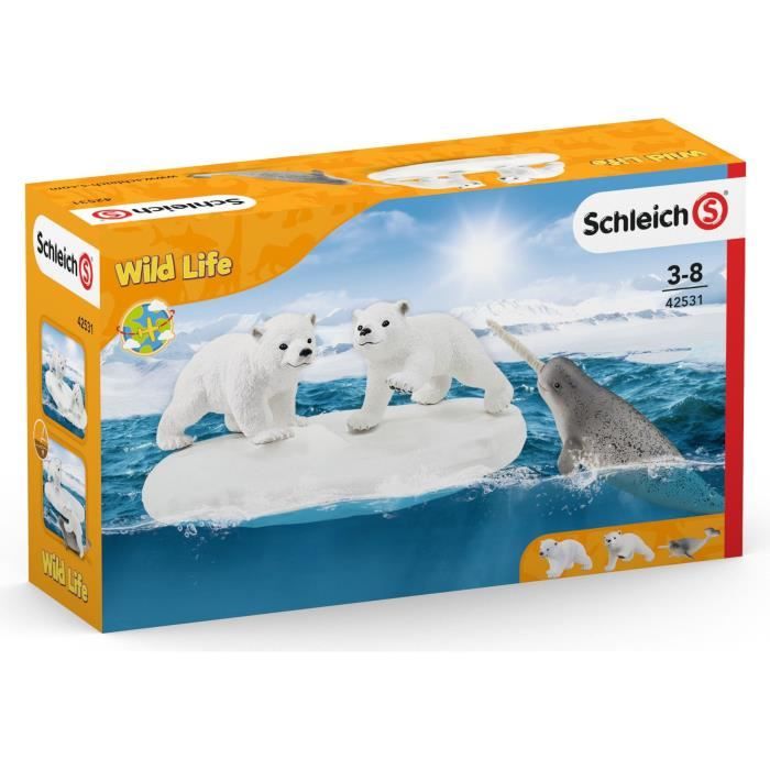 Figurines Glissade des Ours Polaires Coffret schleich avec 2 figurines oursons et 1 figurine de narval pour enfants