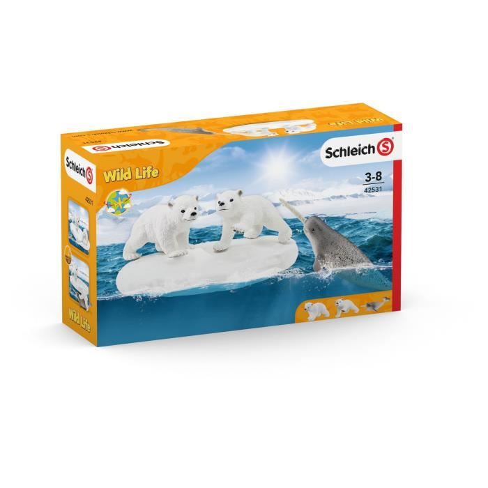 Figurines Glissade des Ours Polaires Coffret schleich avec 2 figurines oursons et 1 figurine de narval pour enfants