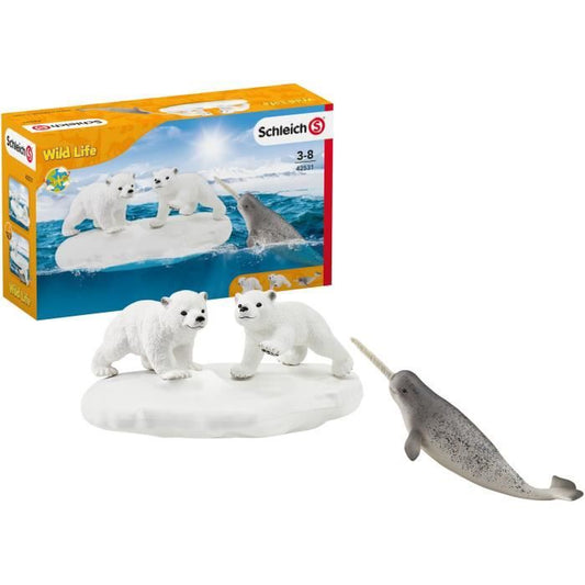 Figurines Glissade des Ours Polaires Coffret schleich avec 2 figurines oursons et 1 figurine de narval pour enfants