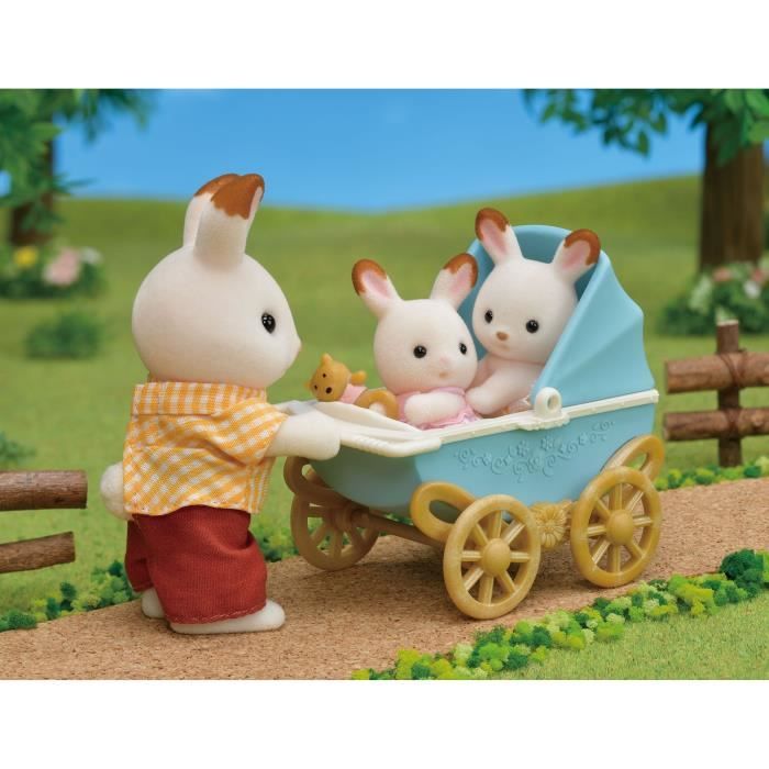 Figurines miniatures - SYLVANIAN FAMILIES - Les jumeaux Lapin Chocolat et leur poussette double