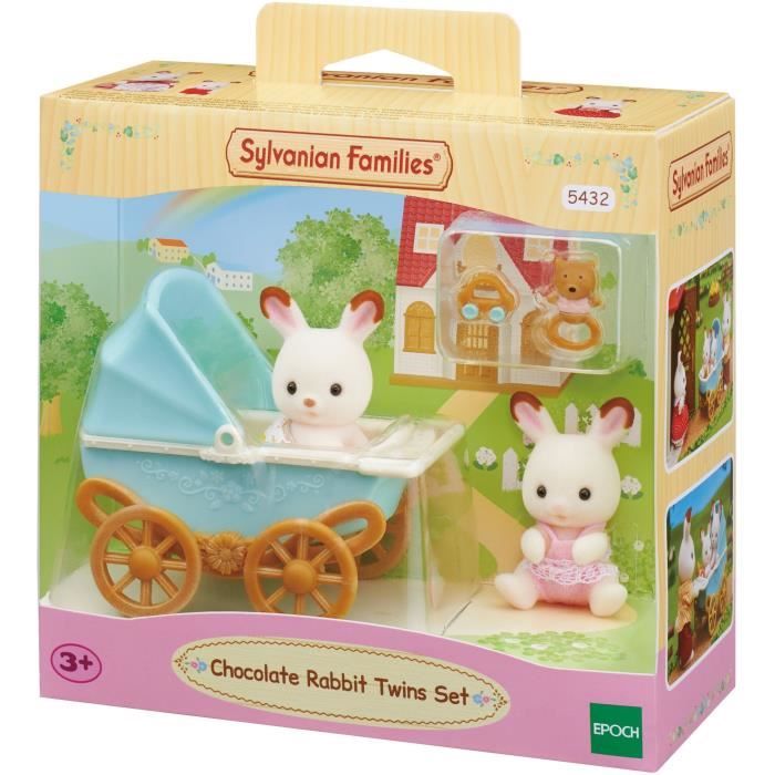 Figurines miniatures - SYLVANIAN FAMILIES - Les jumeaux Lapin Chocolat et leur poussette double