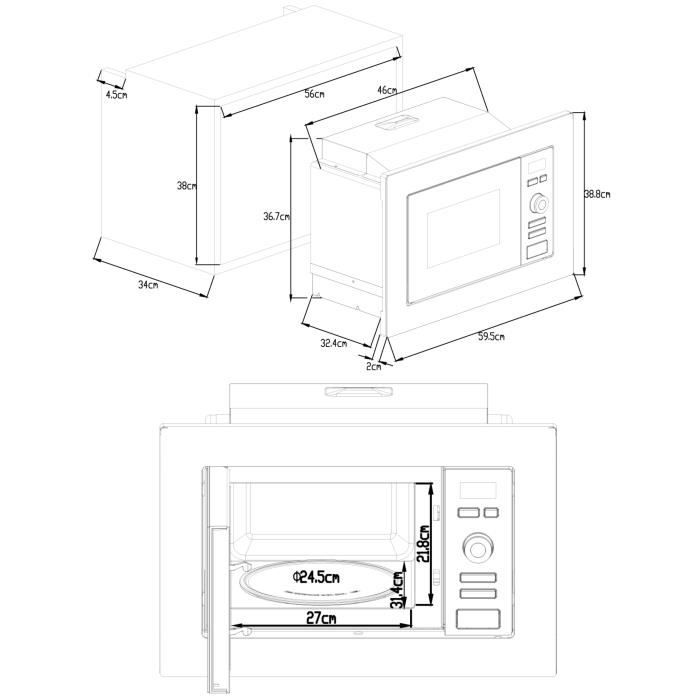 Four micro-ondes encastrable Grill CONTINENTAL EDISON MO20IXEG L59,5 x H38,8 cm x P34,35 cm 20L Inox - Paloma Tech