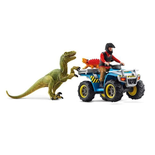 Fuite sur quad face au vélociraptor - Ensemble de Jouets Préhistoriques de 5 Pieces pour Garçons et Filles a Partir